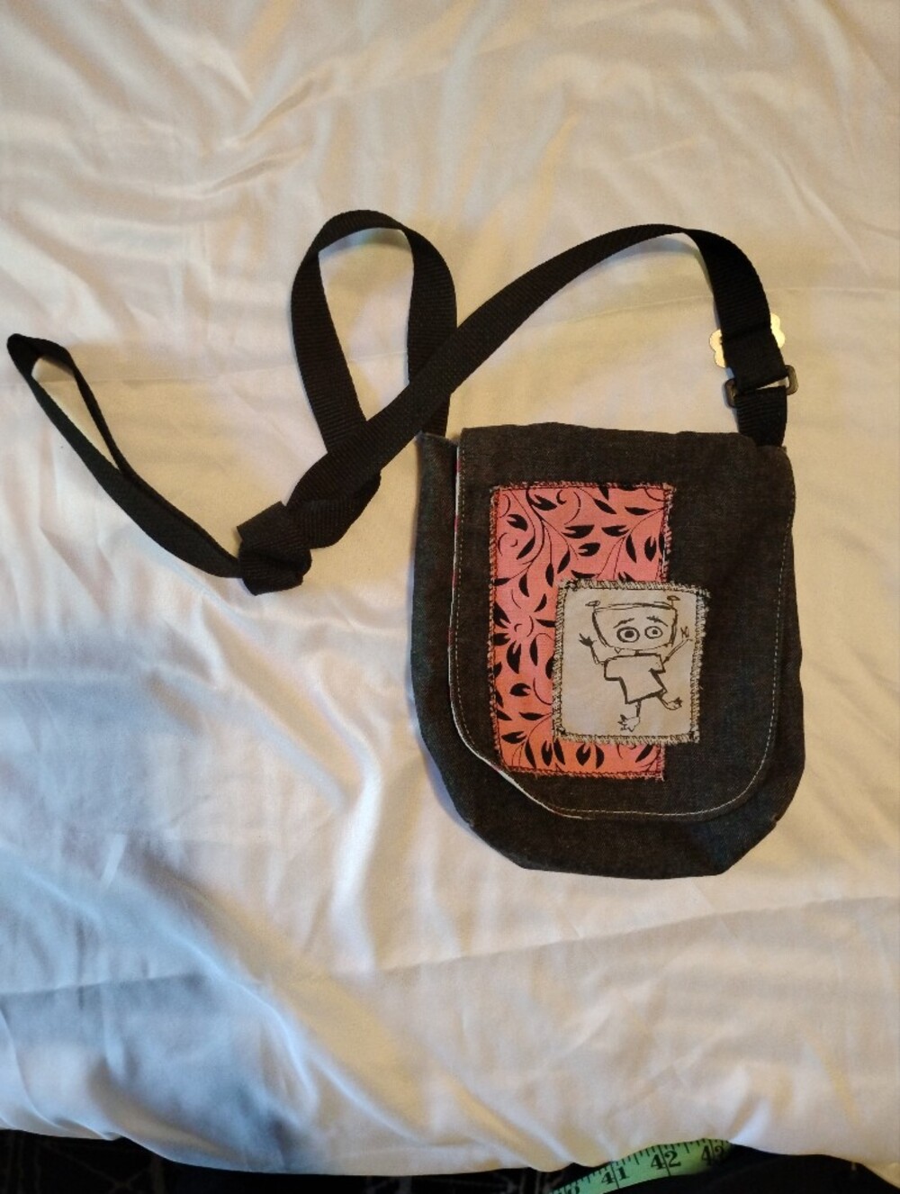 Denim Crossbody Bag with Pink Patch Graphic